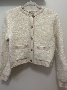 Zara Cream Bouclé Button-Front Cardigan